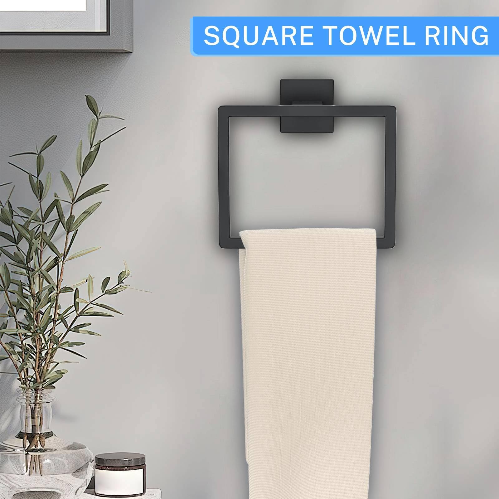 Woekme square towel ring set provides compact towel storage.