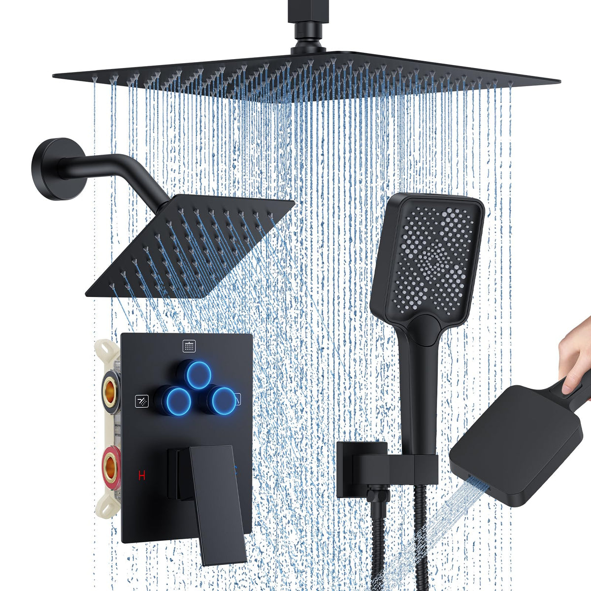 Woindo 12-inch ceiling-mount rainfall showerhead for immersive spa-like shower.