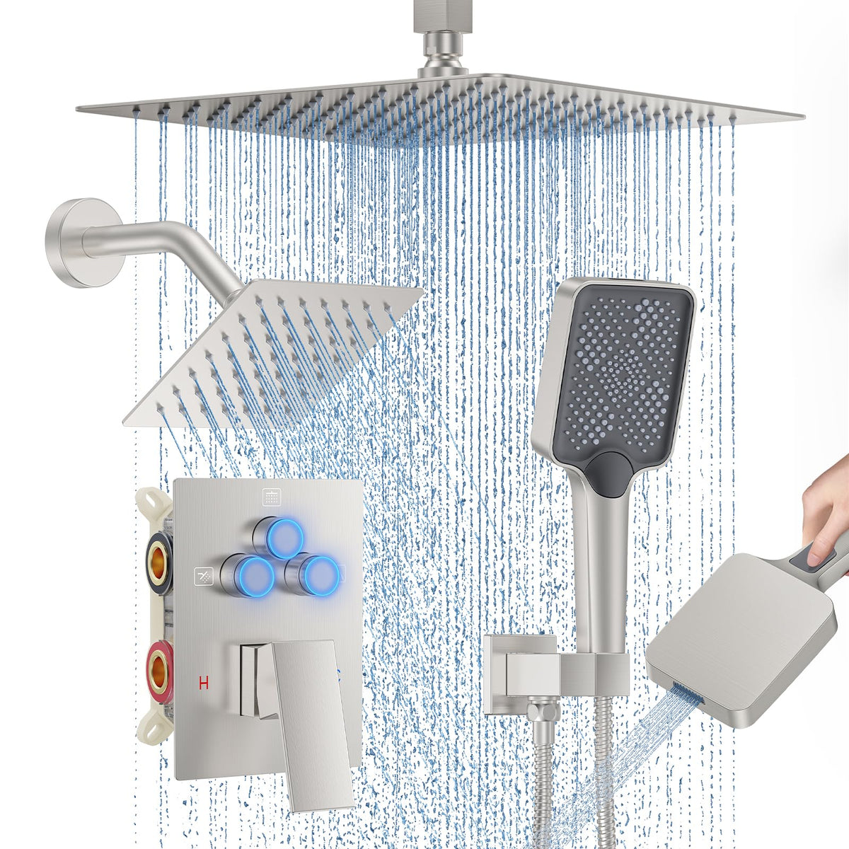 Woindo 12in top head delivers immersive rain-like spray for full-body relaxation.