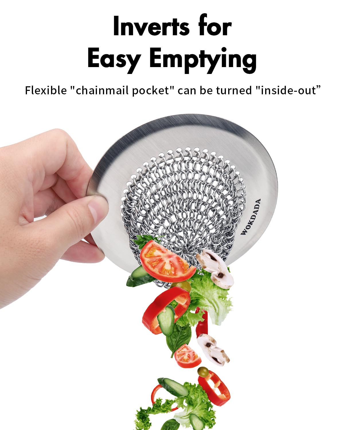 Wokdada reversible chain mesh opens for easy cleaning without touching residue.