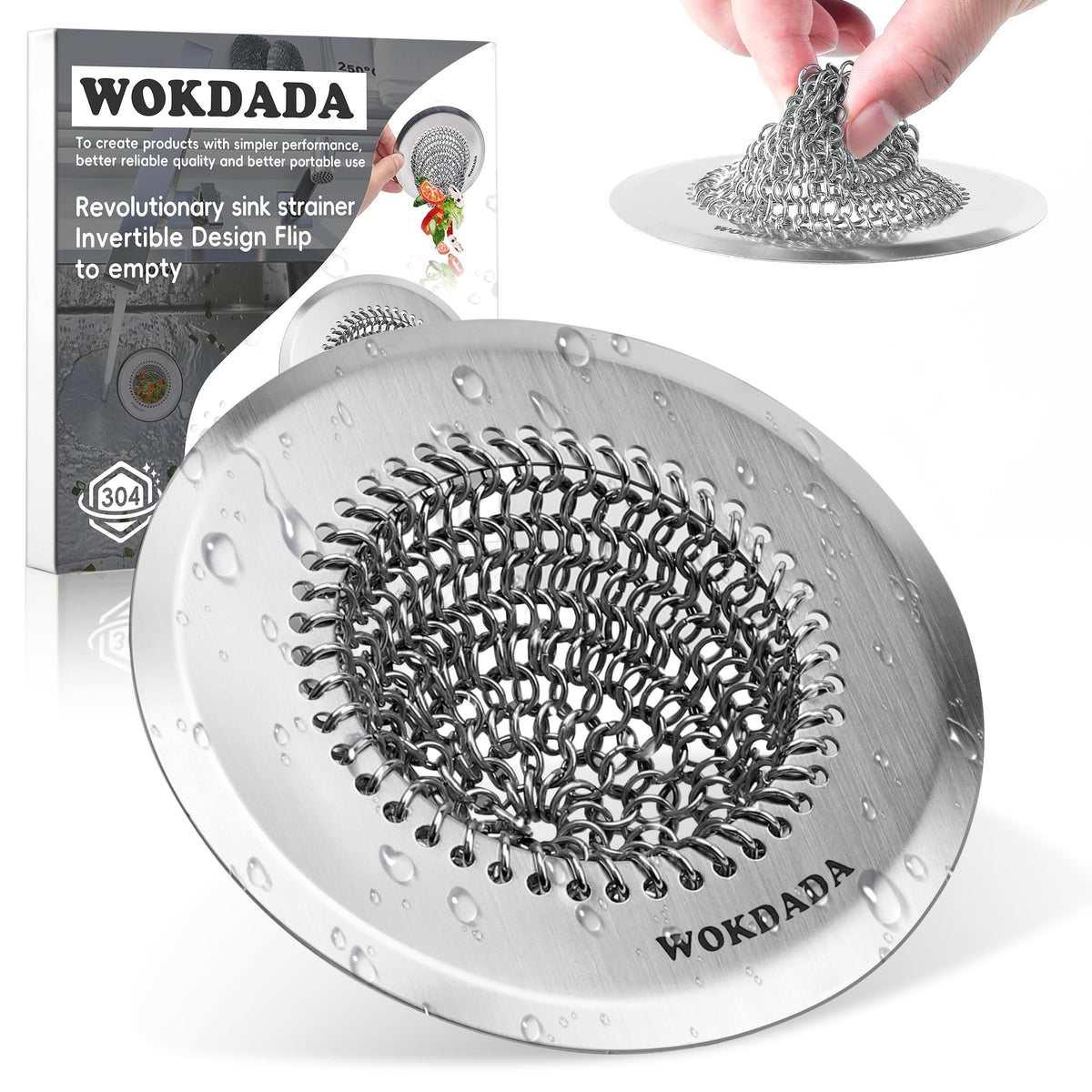 Wokdada sink drain strainer with reversible chain mesh capturing debris while fitting most sinks.