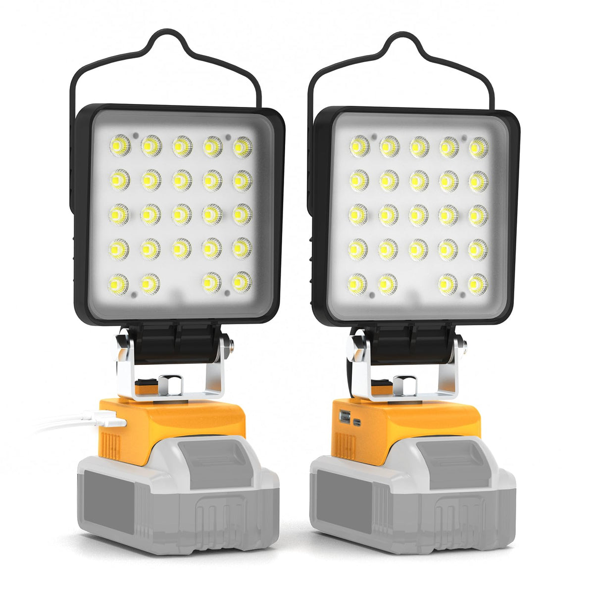 Wokelux cordless LED work light showing DeWalt battery compatibility for flexible on-site power.