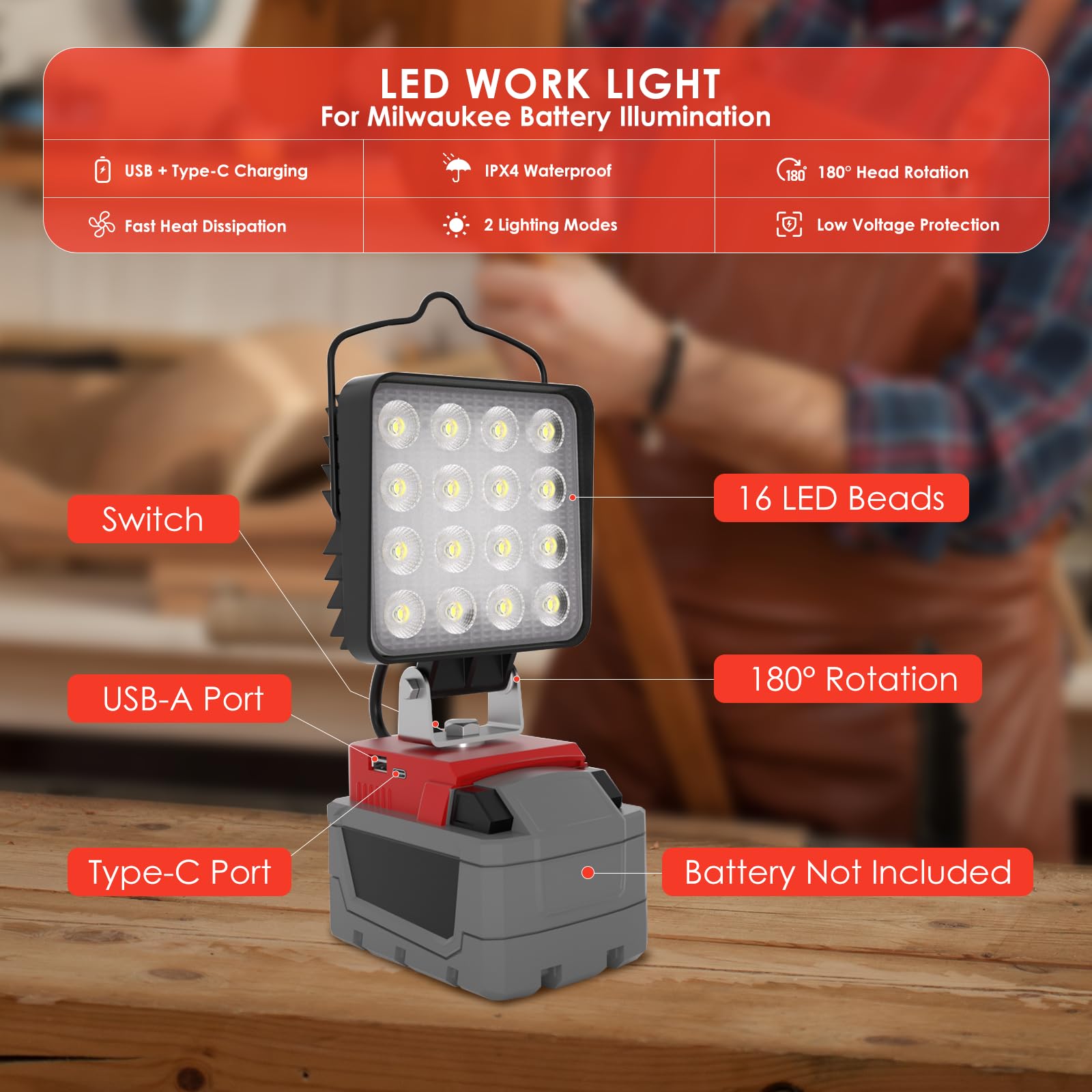 Wokelux LED work light delivers 10000LM brightness for broad workspace illumination.