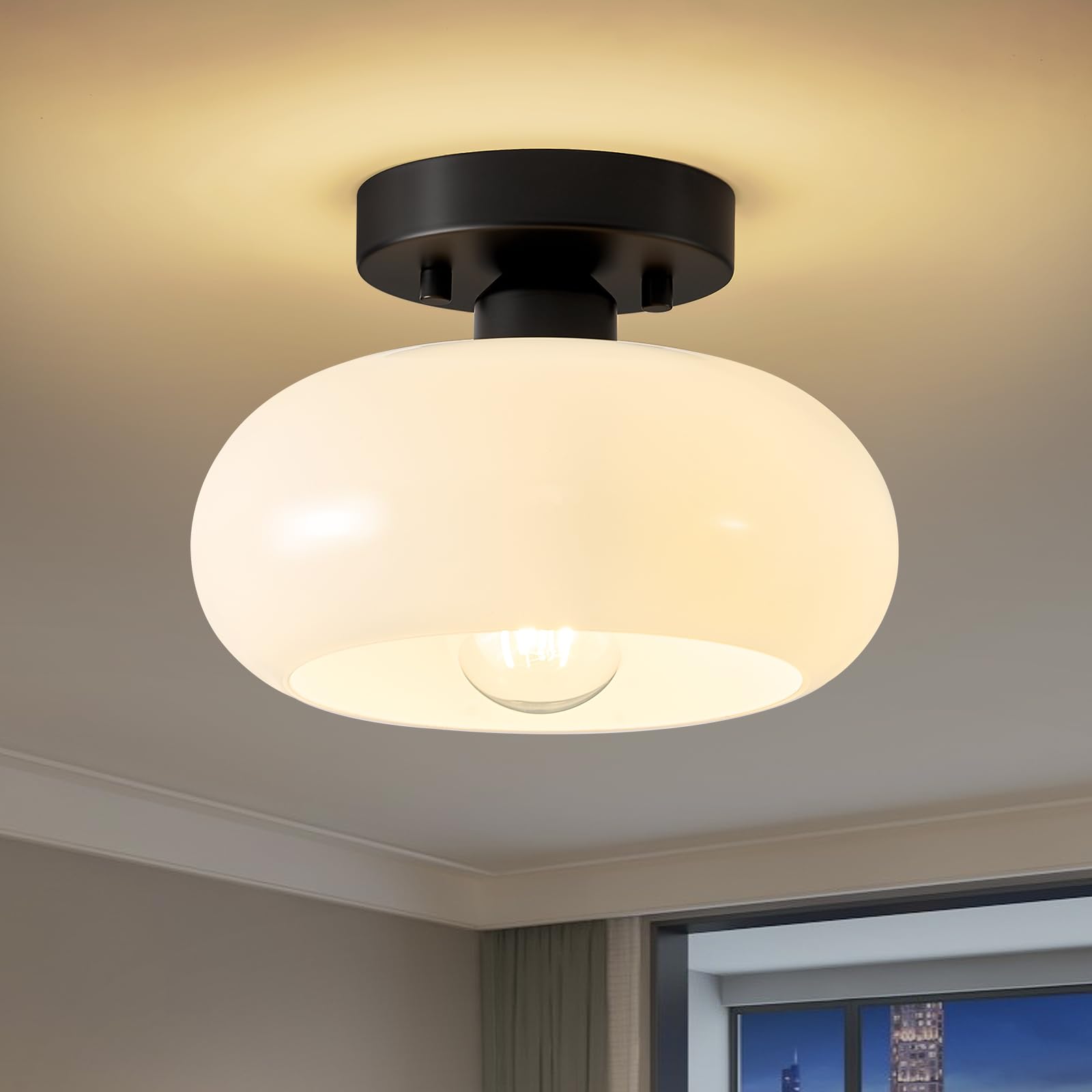 WOKNOS mid-century semi-flush mount glass shade closeup showcasing frosted shade and clean lines for timeless style.