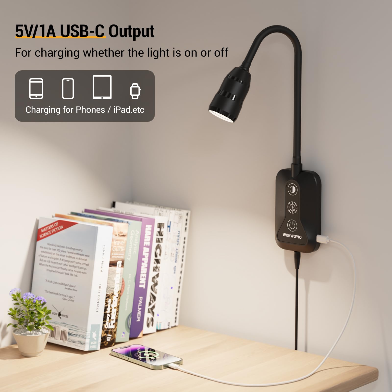 WOKWOYIO flexible neck wall lamp angles for comfortable reading