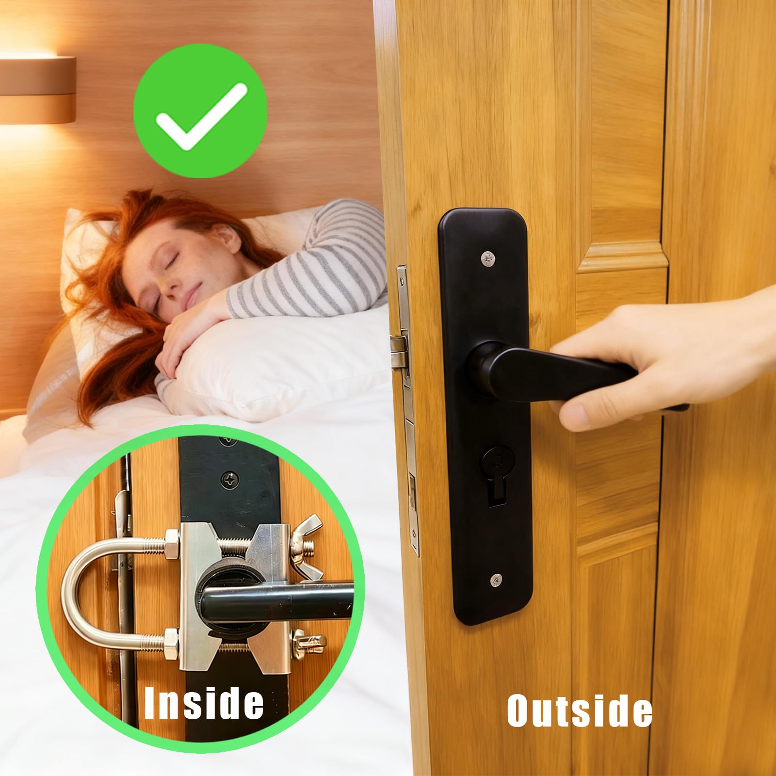 WOLAIYE no-tools installation image illustrates 30-second setup on outward-swinging doors.