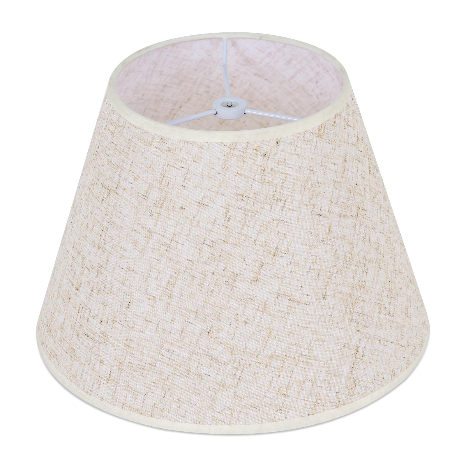 WOLEILEJIN beige linen barrel shade, top view, diffuses glare for cozy, eyes-friendly lighting.