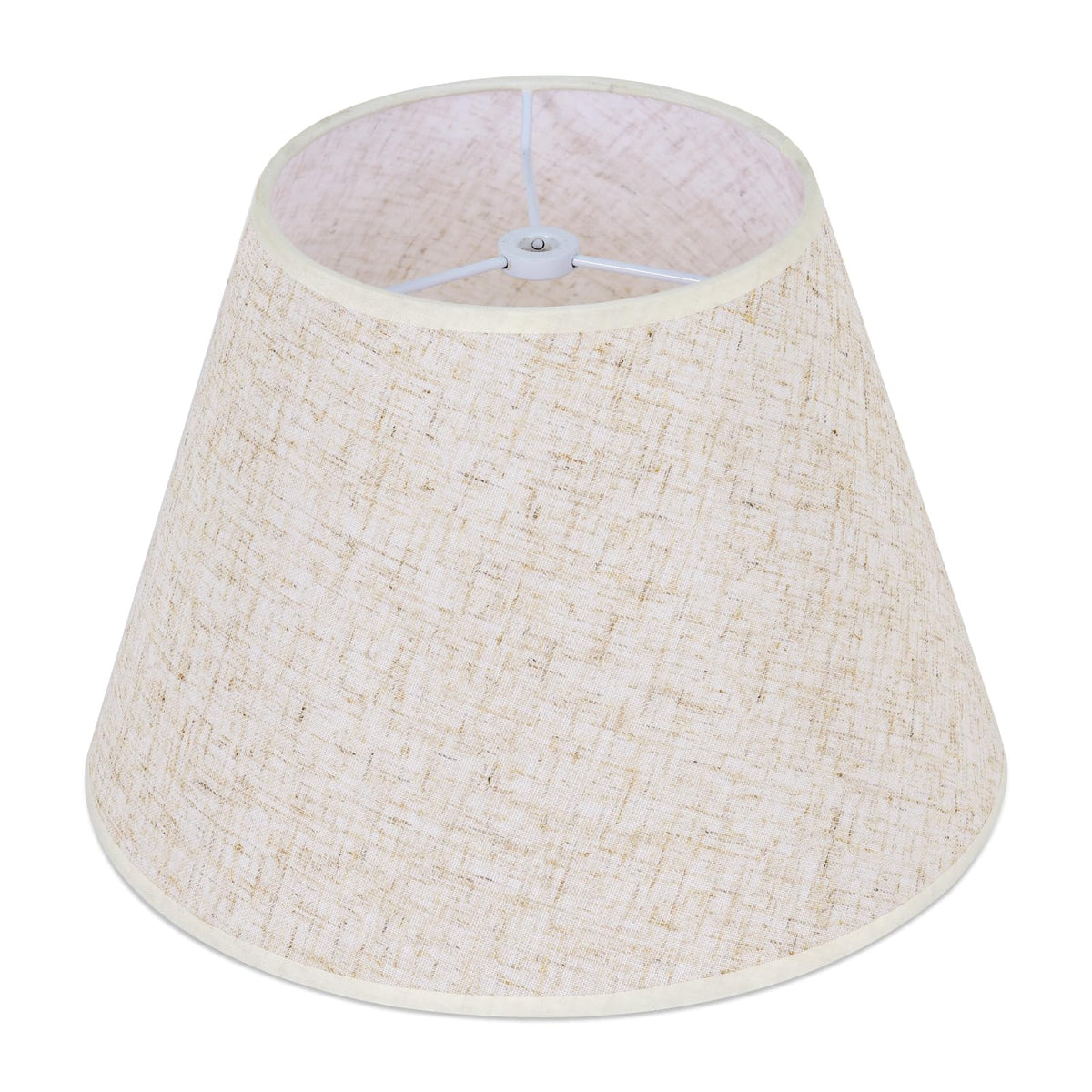 WOLEILEJIN beige linen barrel shade, top view, diffuses glare for cozy, eyes-friendly lighting.