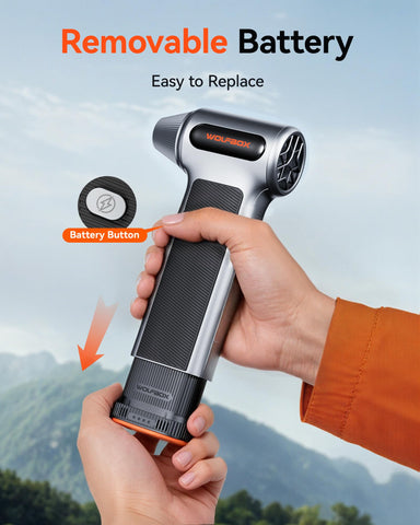 WOLFBOX MF200 battery pack side view emphasizes slim profile for quick swaps
