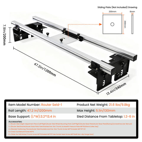 WolfPawn router sled setup showing adjustable height and width for different slab sizes