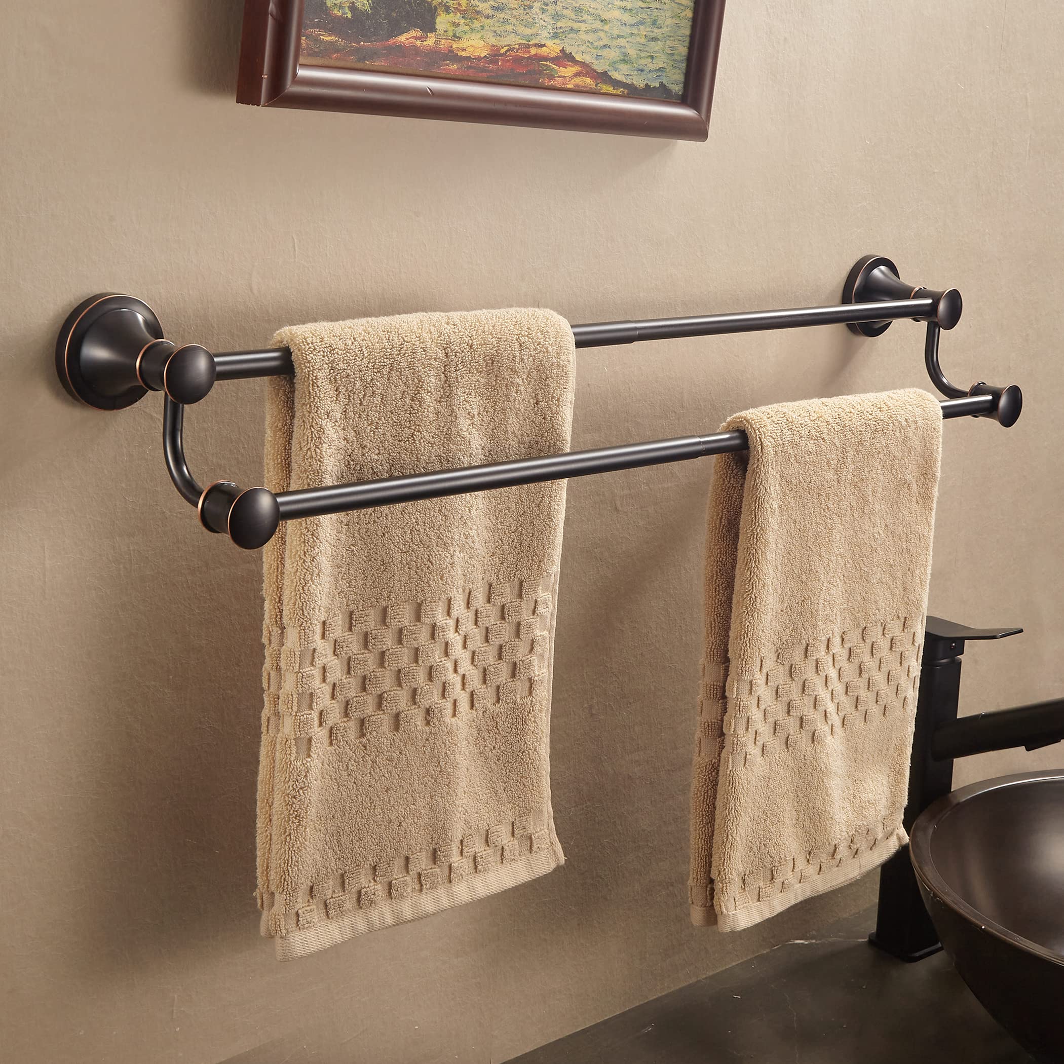 WOLIBEER bronze double towel bar wall-mounted with oil rubbed finish for rustic charm