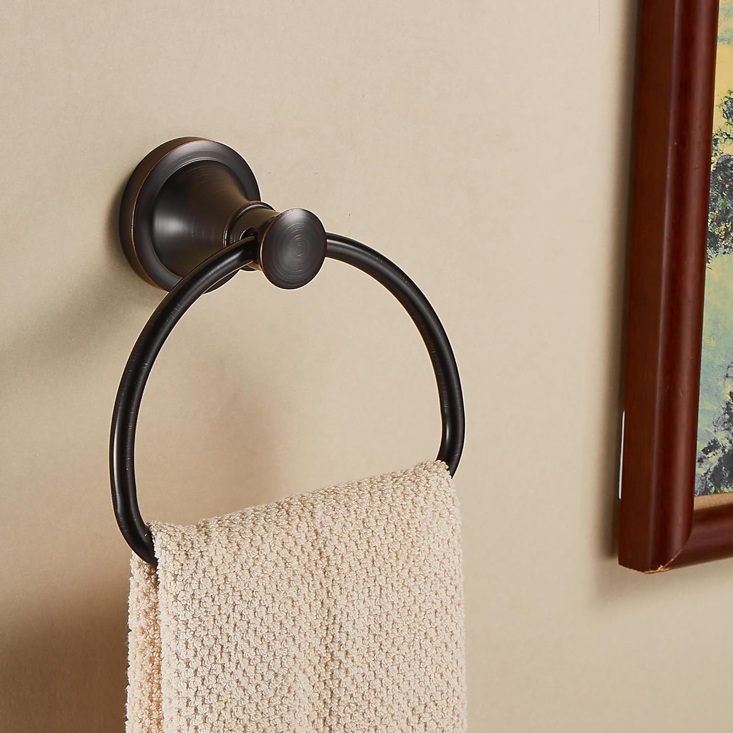 WOLIBEER bronze towel ring close-up showing durable oil-rubbed finish.