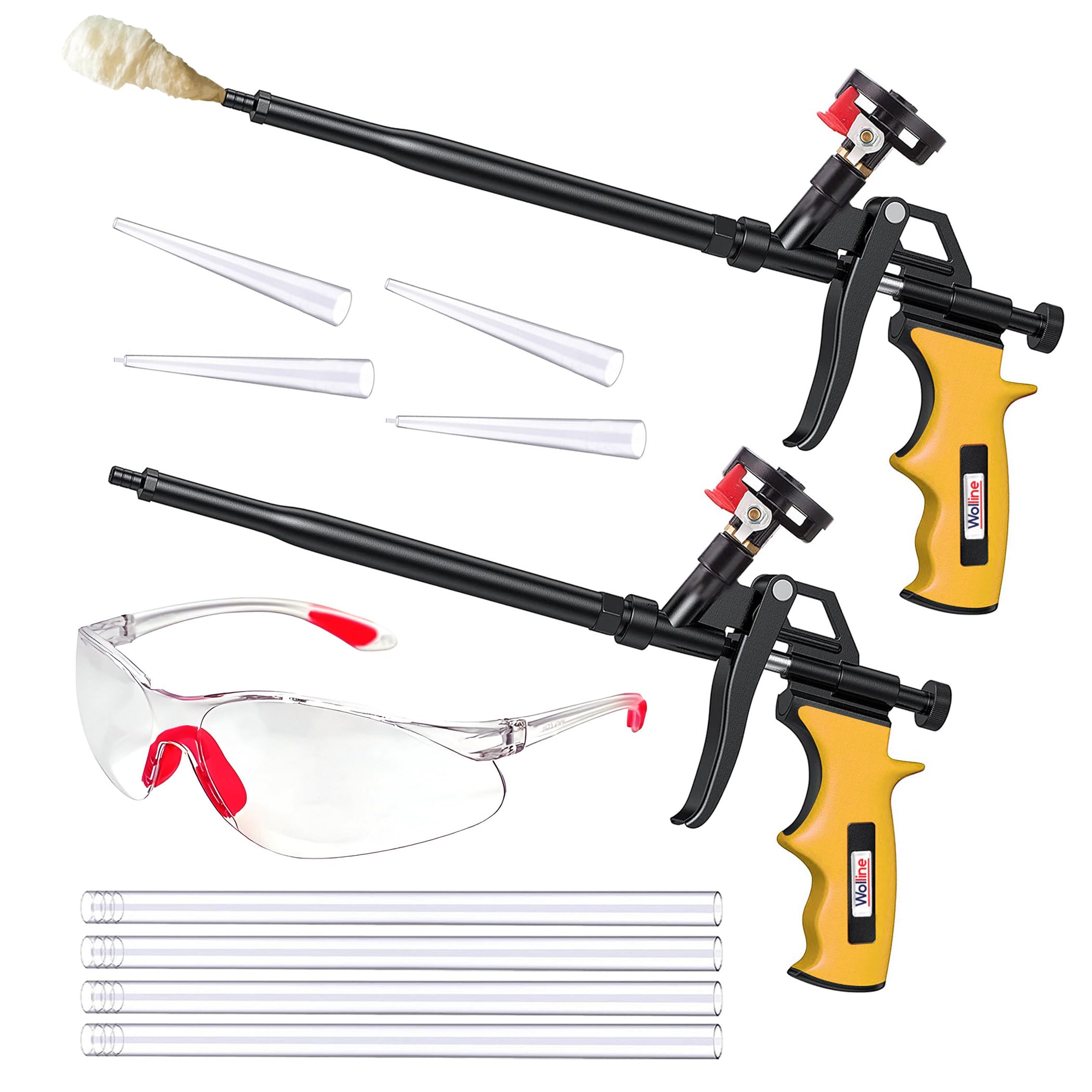 Wolline Professional spray foam gun set front view, showing ergonomic yellow handles