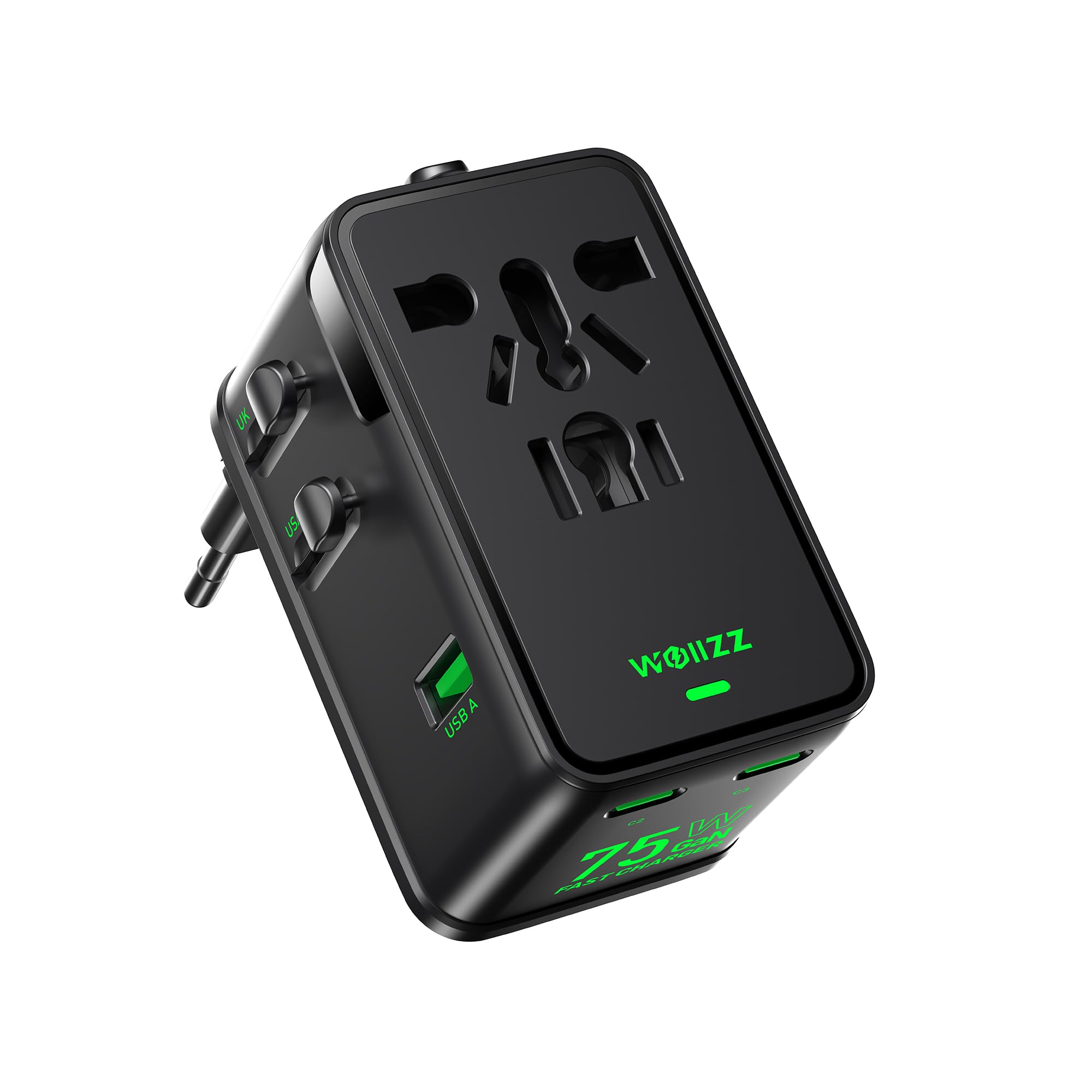 Wollzz 75W travel adapter in compact design for easy carry-on use
