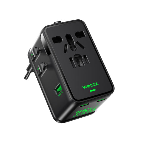 Wollzz 75W travel adapter in compact design for easy carry-on use
