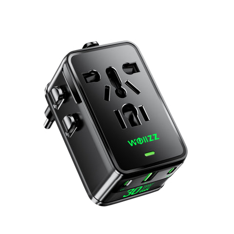 Wollzz universal travel adapter in compact size fits easily in a pocket for on-the-go use.