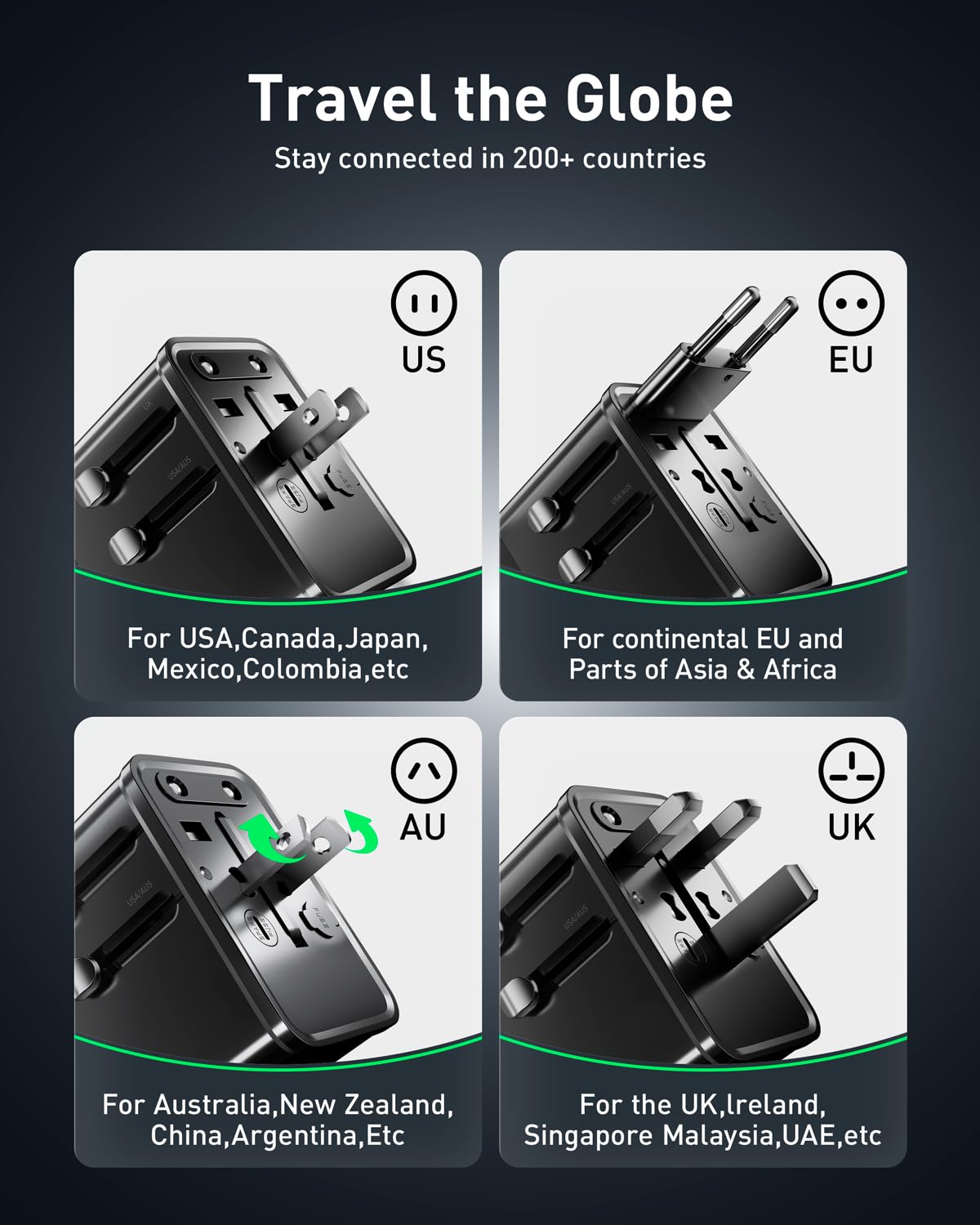 Wollzz worldwide plug options cover 200+ countries for versatile travel.