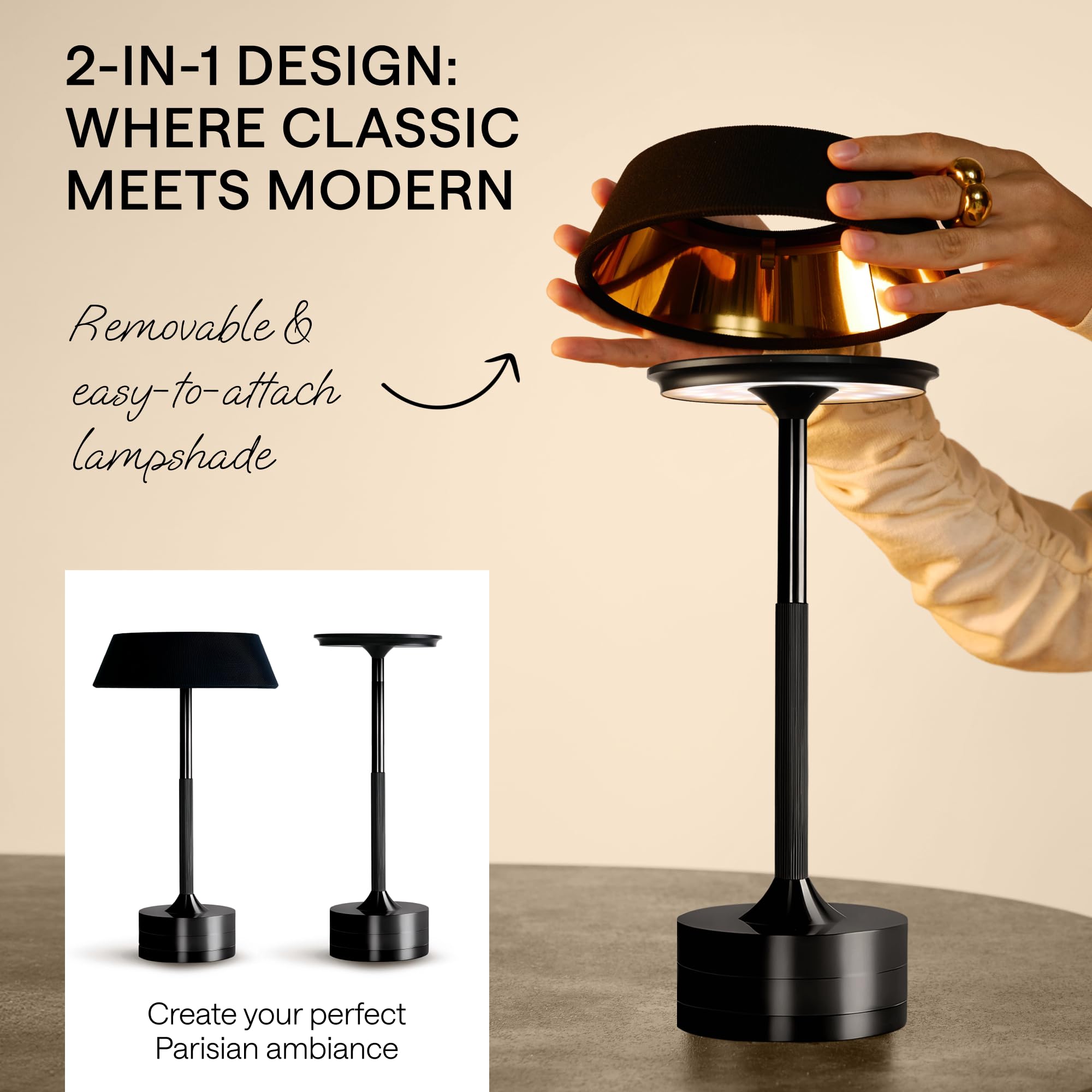 WONDER FAMILY black cordless table lamp side view for bedside use