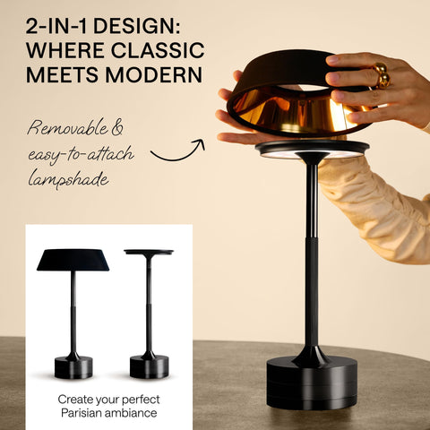 WONDER FAMILY black cordless table lamp side view for bedside use