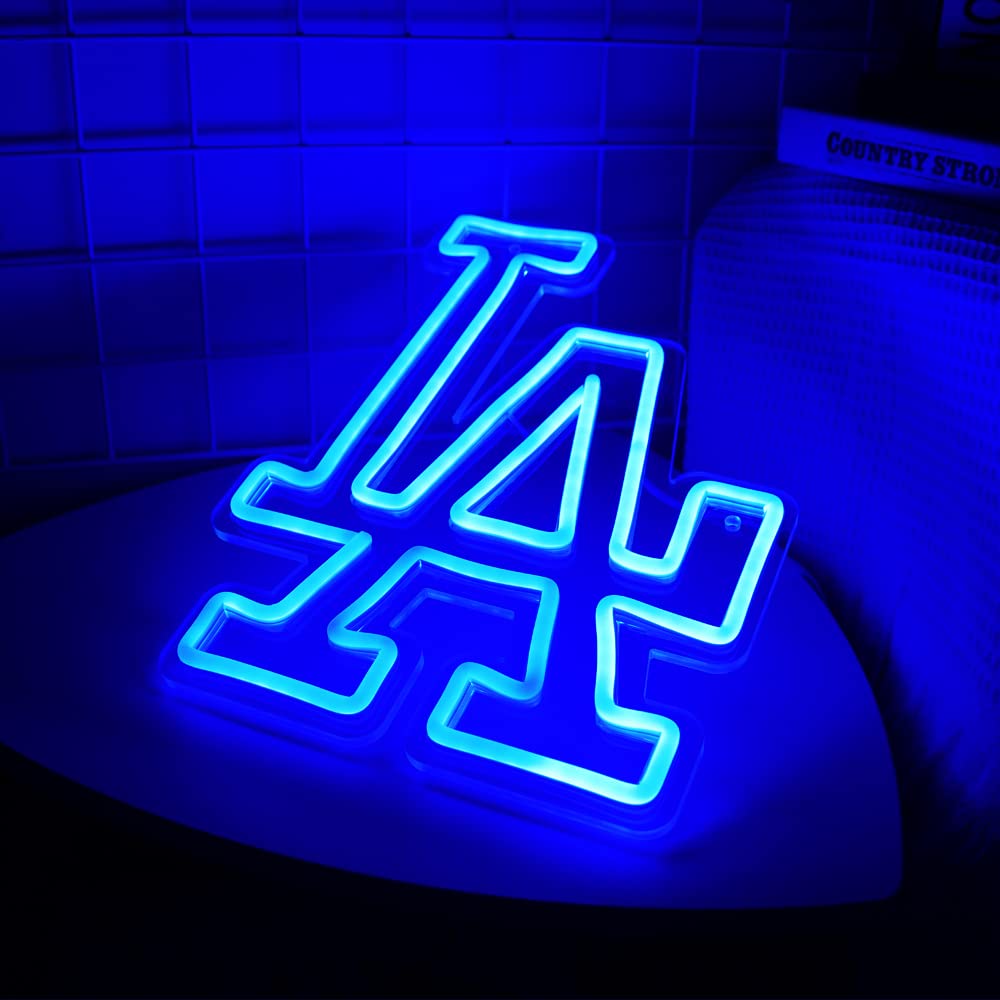 WonderfulLife Dodgers neon sign in blue enhances garage or man cave ambiance.