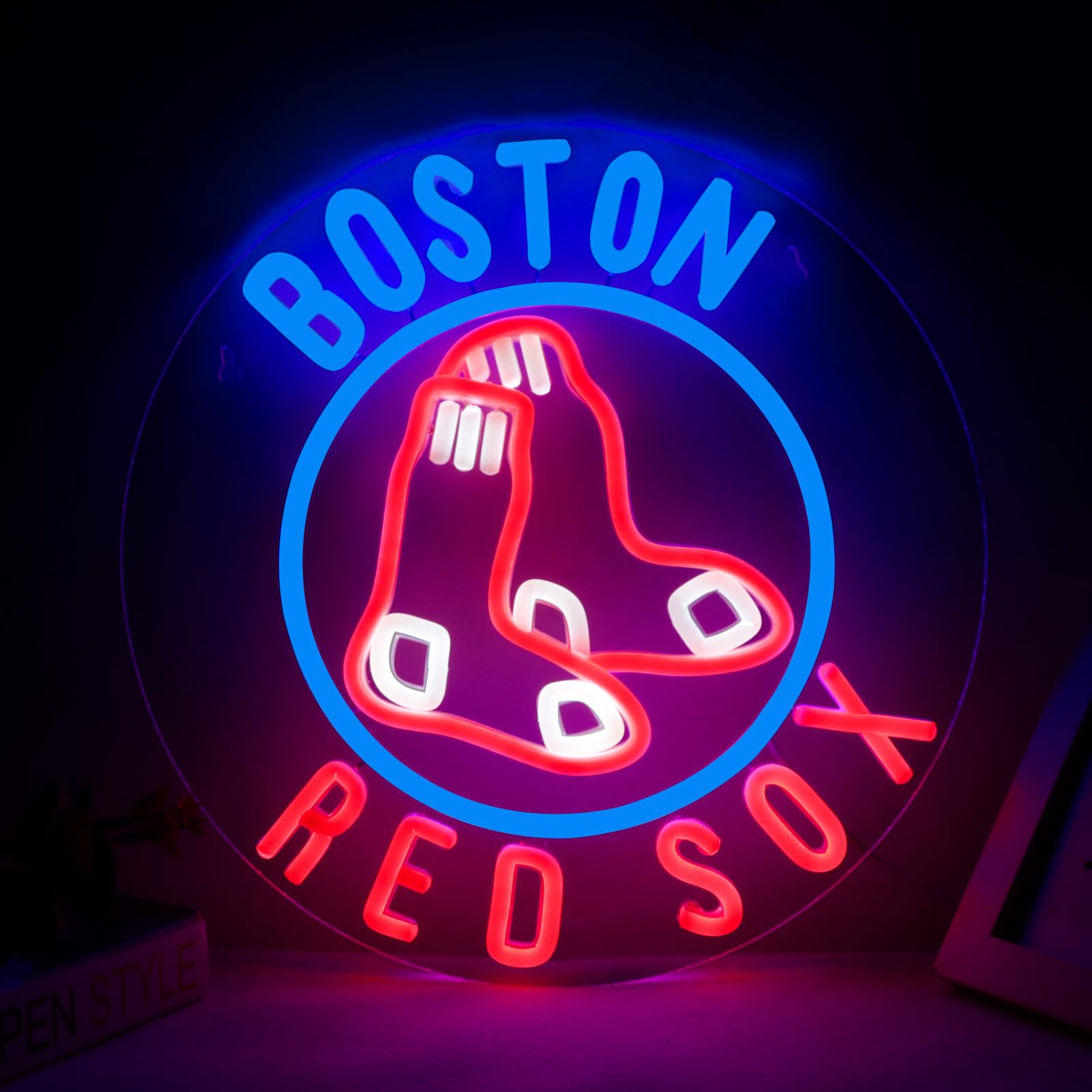 WonderfulLife Red Sox neon sign pink illuminates the game room with bold team branding.