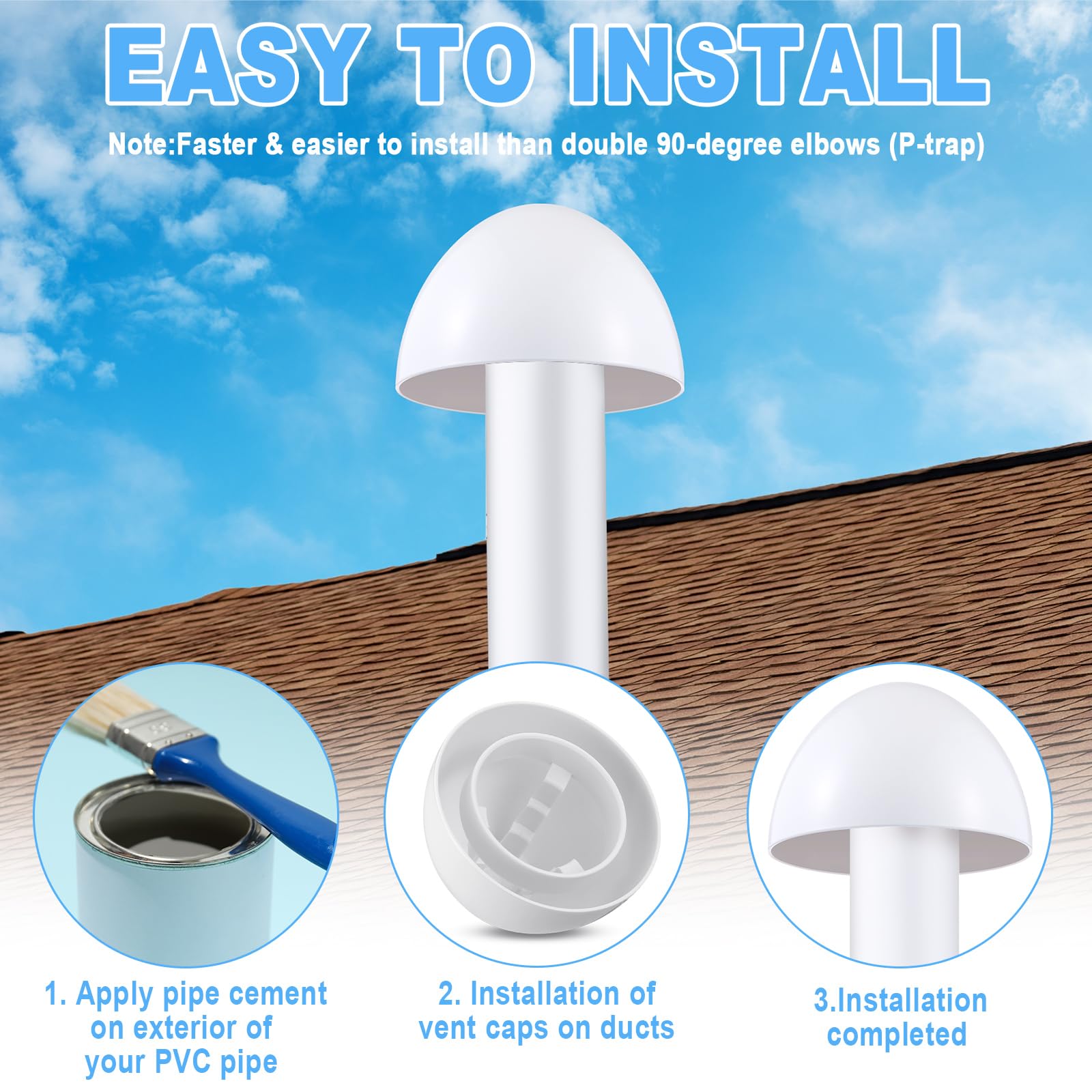 Wonderjune vent cap installed on PVC pipe demonstrates a precise fit for HVAC exhaust.