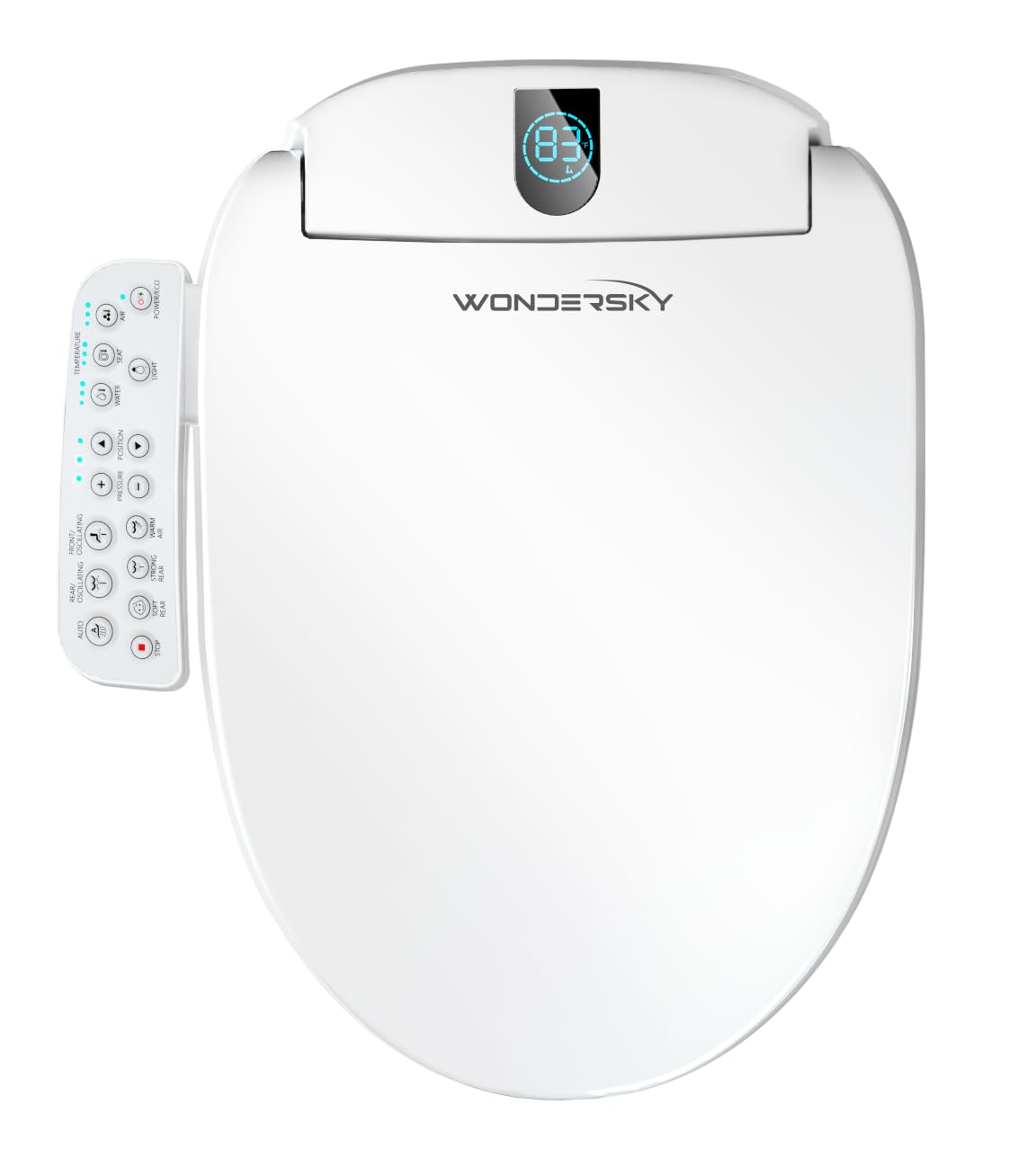 WONDERSKY elongated bidet seat front view showing temperature controls for comfortable setup