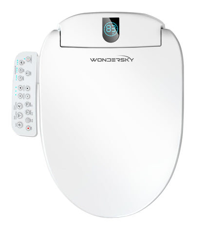WONDERSKY elongated bidet seat front view showing temperature controls for comfortable setup
