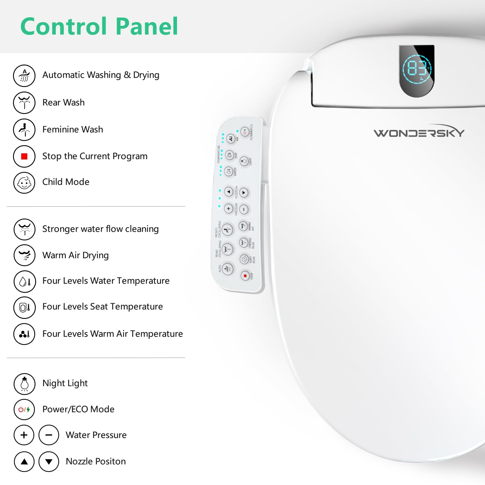 WONDERSKY Round Bidet Seat control panel with LED display for effortless temperature and water adjustments.