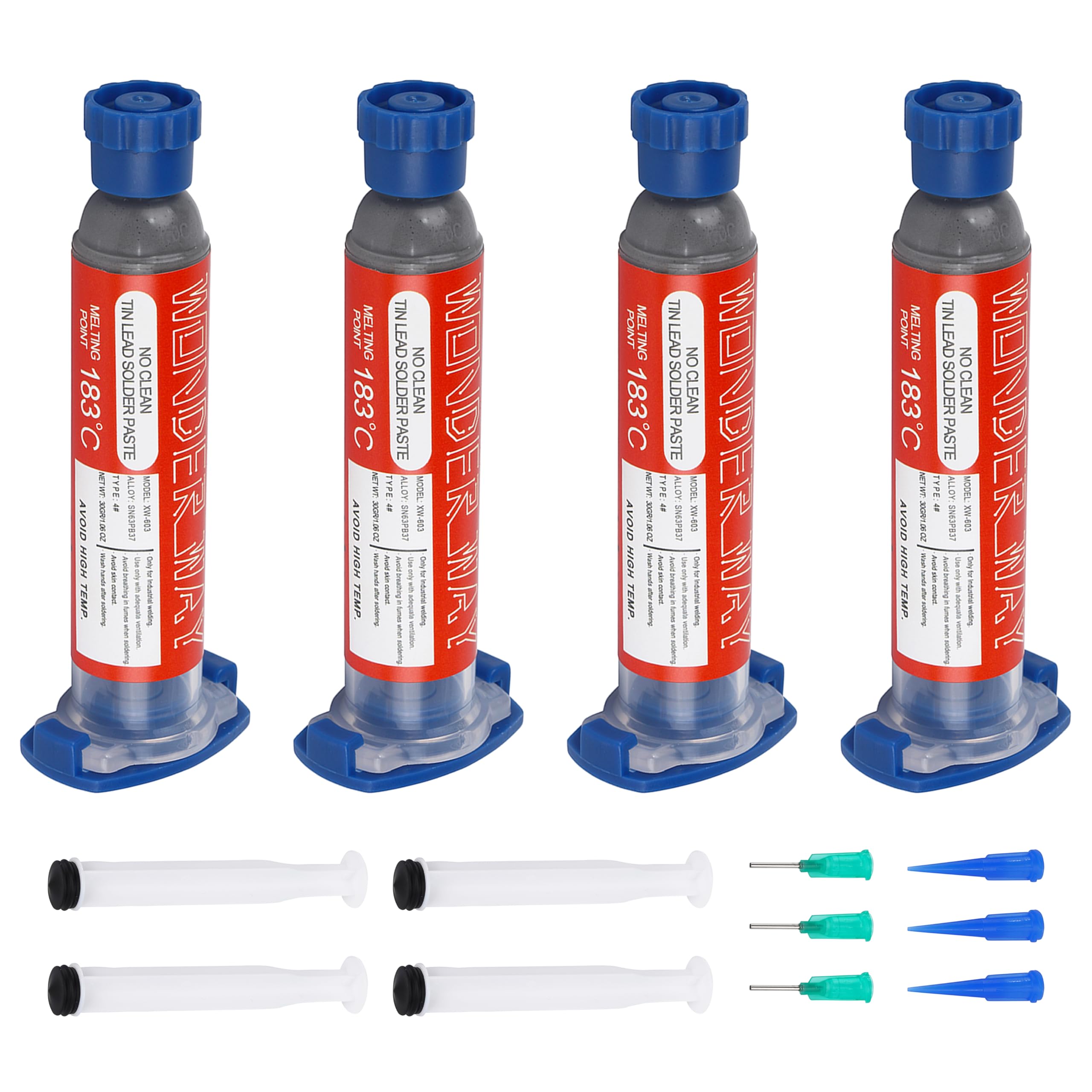 Wonderway Sn63/Pb37 solder paste packaging shows four 30 g packs for easy storage.