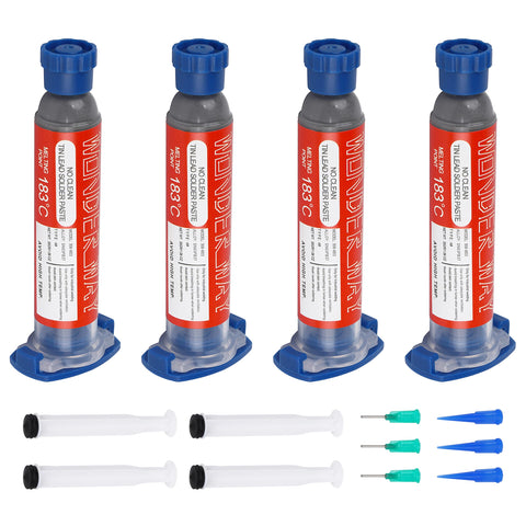 Wonderway Sn63/Pb37 solder paste packaging shows four 30 g packs for easy storage.