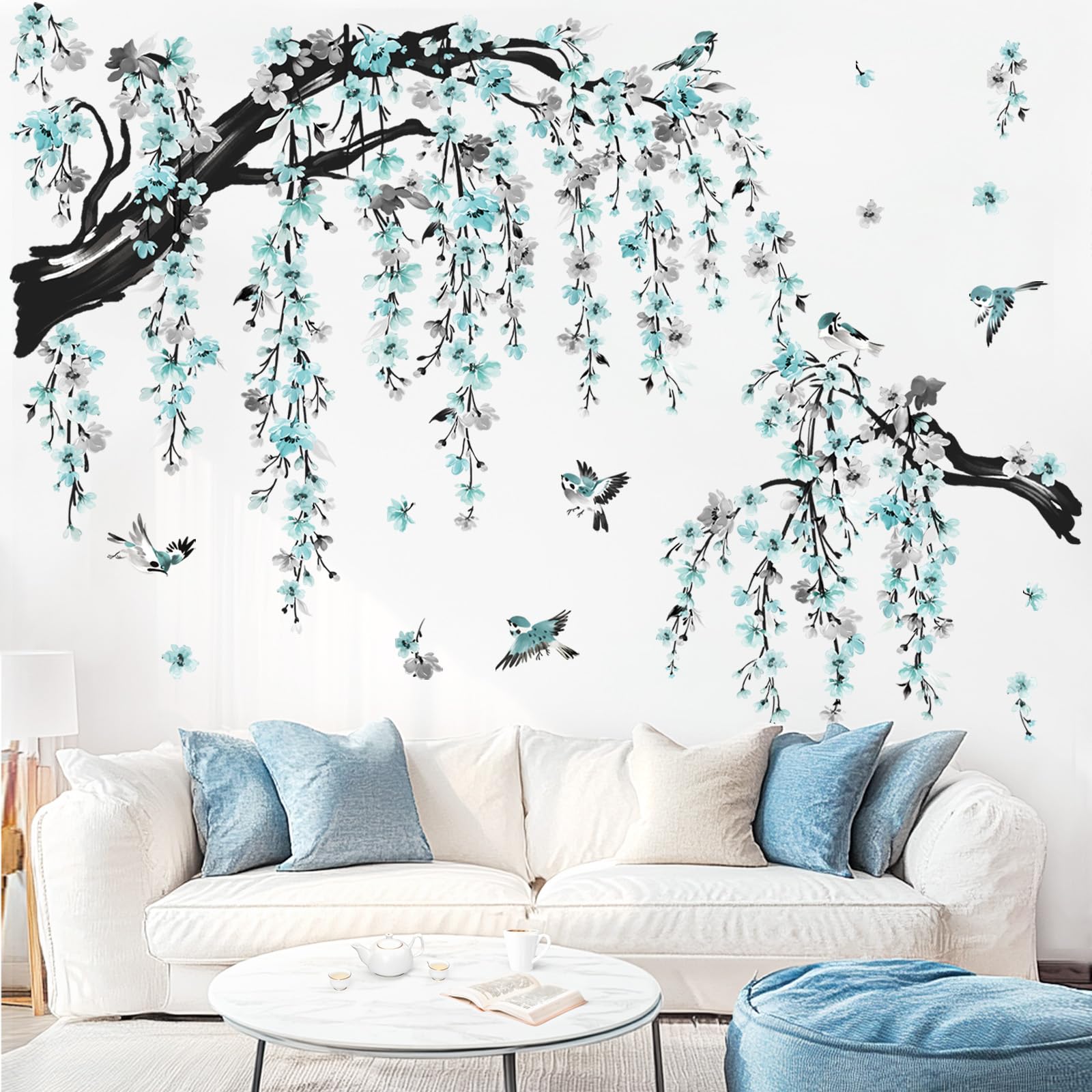 Wondever blue flower branch wall stickers add serene nature to living spaces.