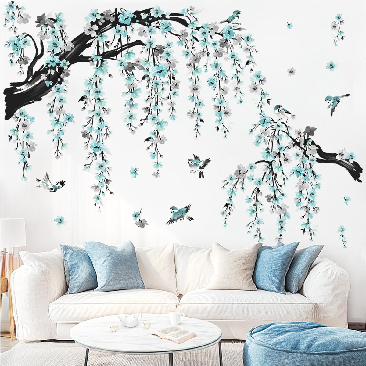Wondever blue flower branch wall stickers add serene nature to living spaces.