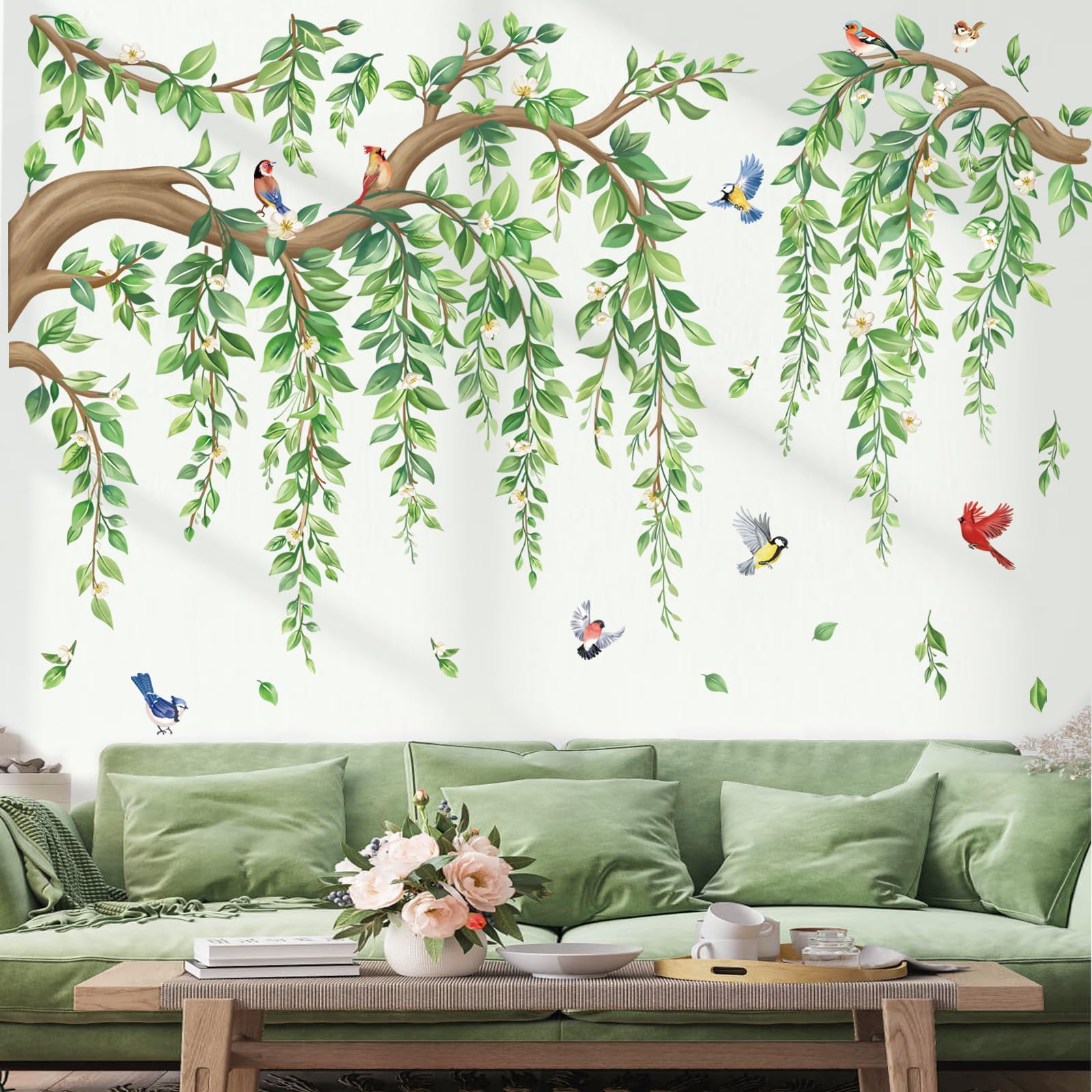 wondever green leaf and flower wall decal for living room adds vibrant atmosphere