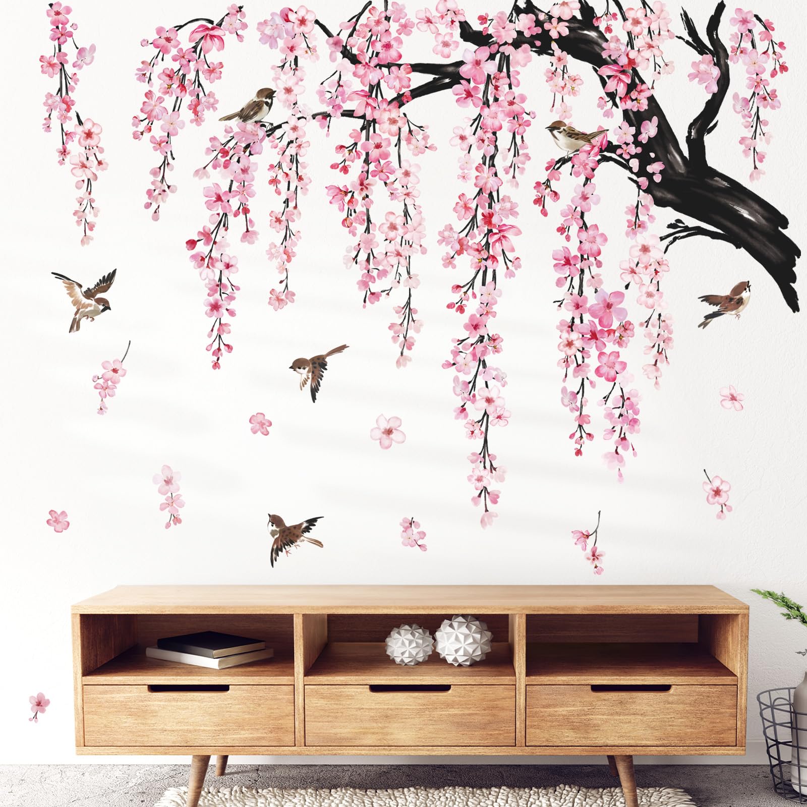 Wondever large pink cherry blossom tree wall sticker brightens living rooms