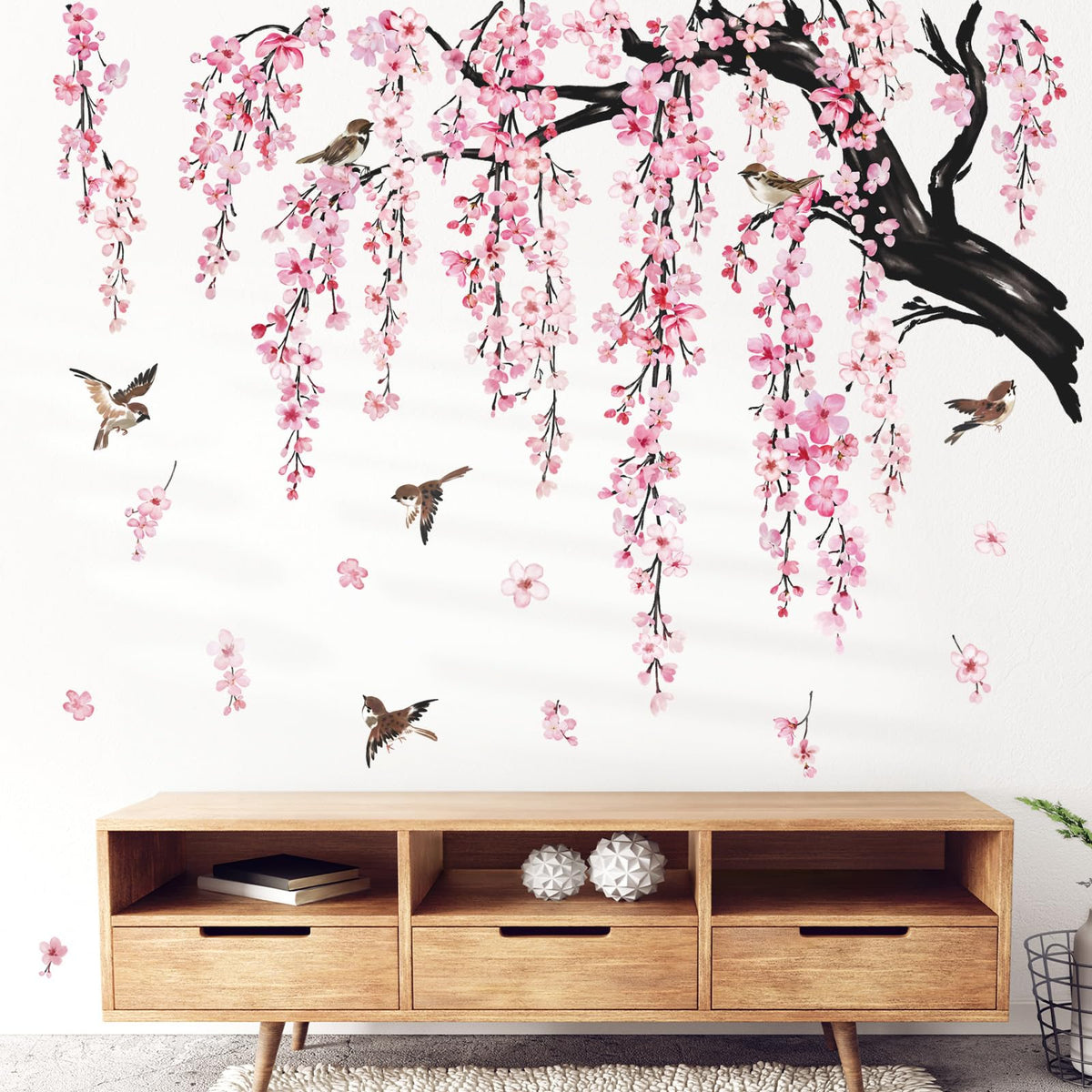 Wondever large pink cherry blossom tree wall sticker brightens living rooms