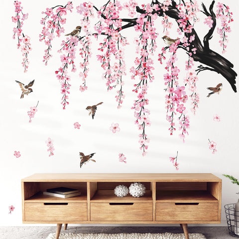 Wondever large pink cherry blossom tree wall sticker brightens living rooms