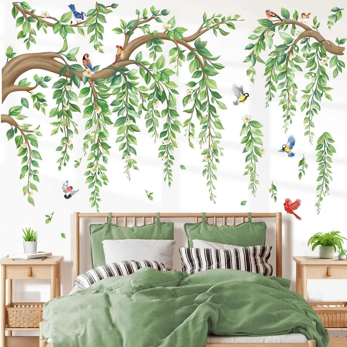 wondever large tree branch hanging vine wall sticker featuring green leaves and birds for easy decor
