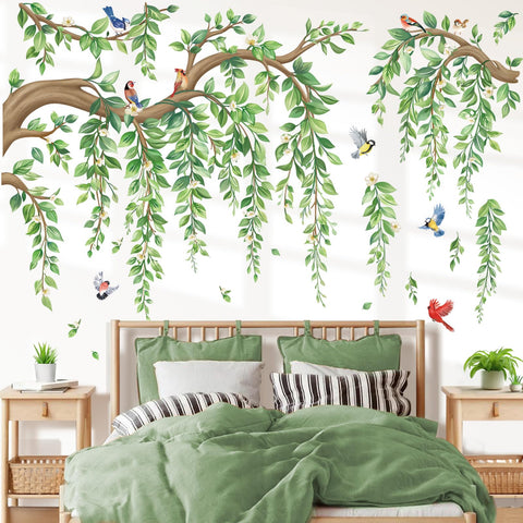 wondever large tree branch hanging vine wall sticker featuring green leaves and birds for easy decor