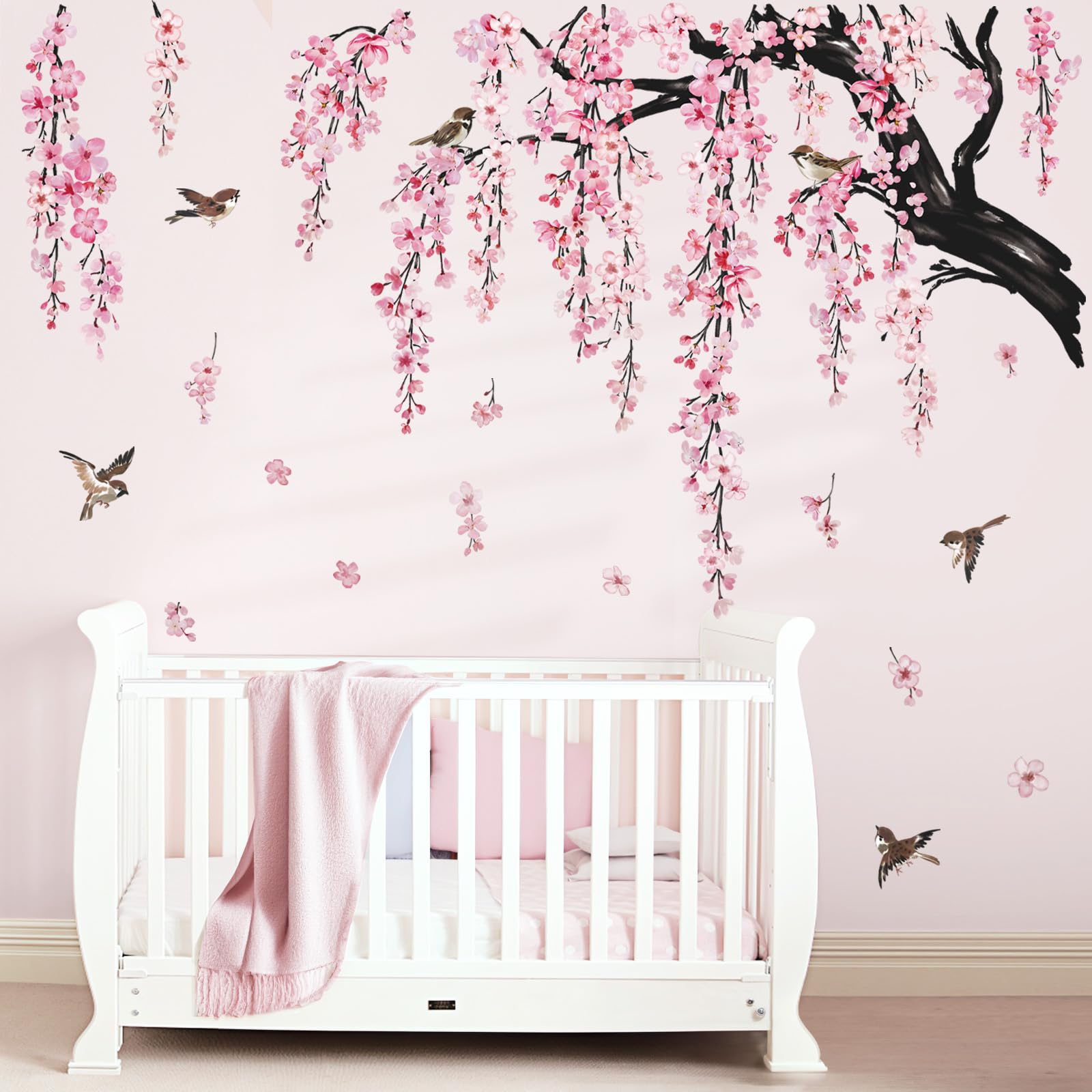 Wondever pink cherry blossom branches wall decal adds elegant bedroom ambiance