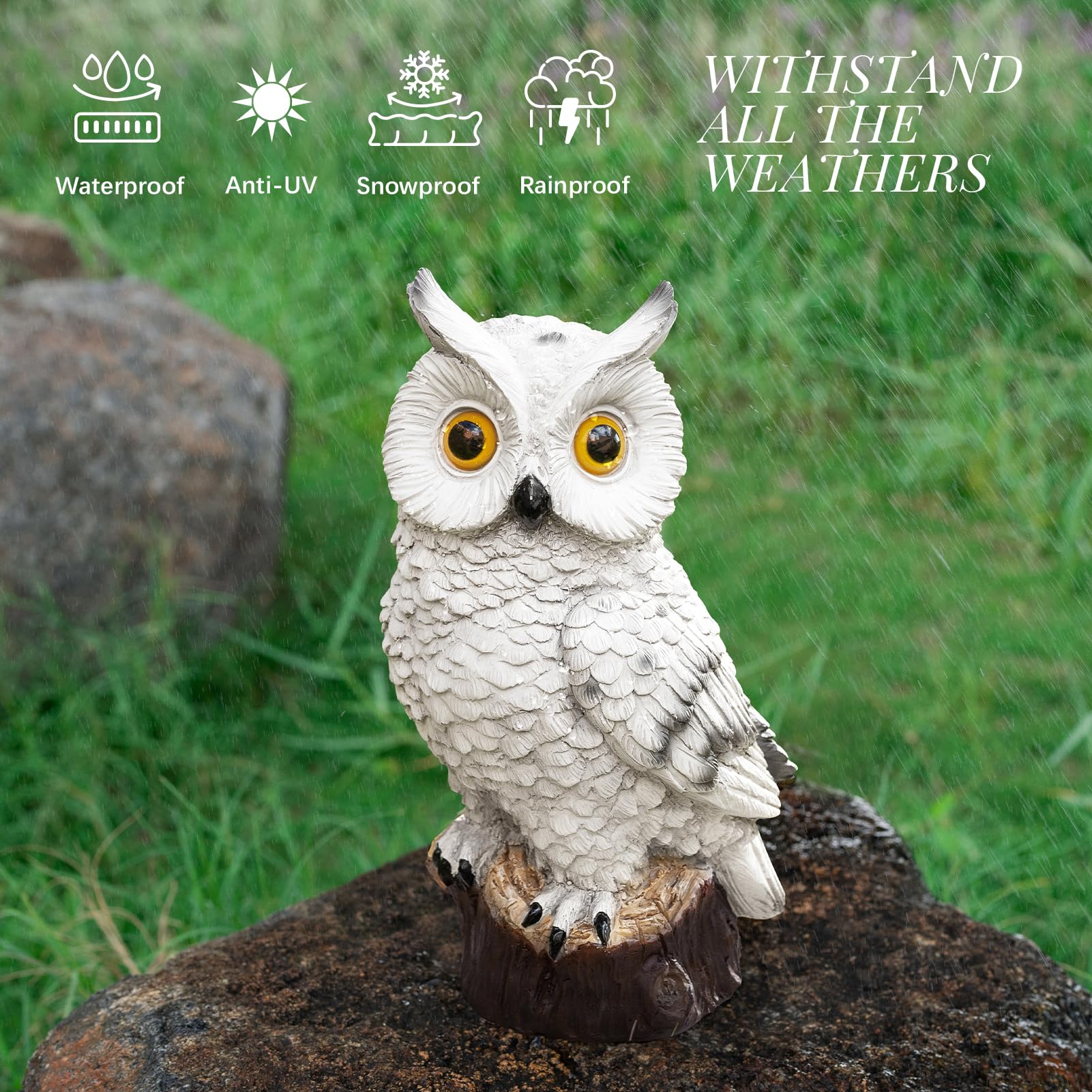 WONDHOME garden decor owl statue with stable base for outdoor placement.