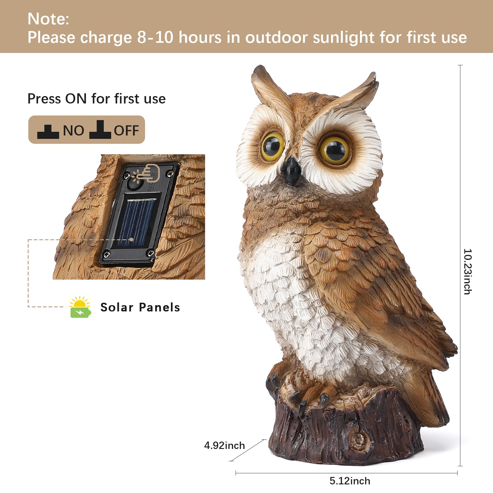WONDHOME weatherproof resin owl withstands rain and sun.
