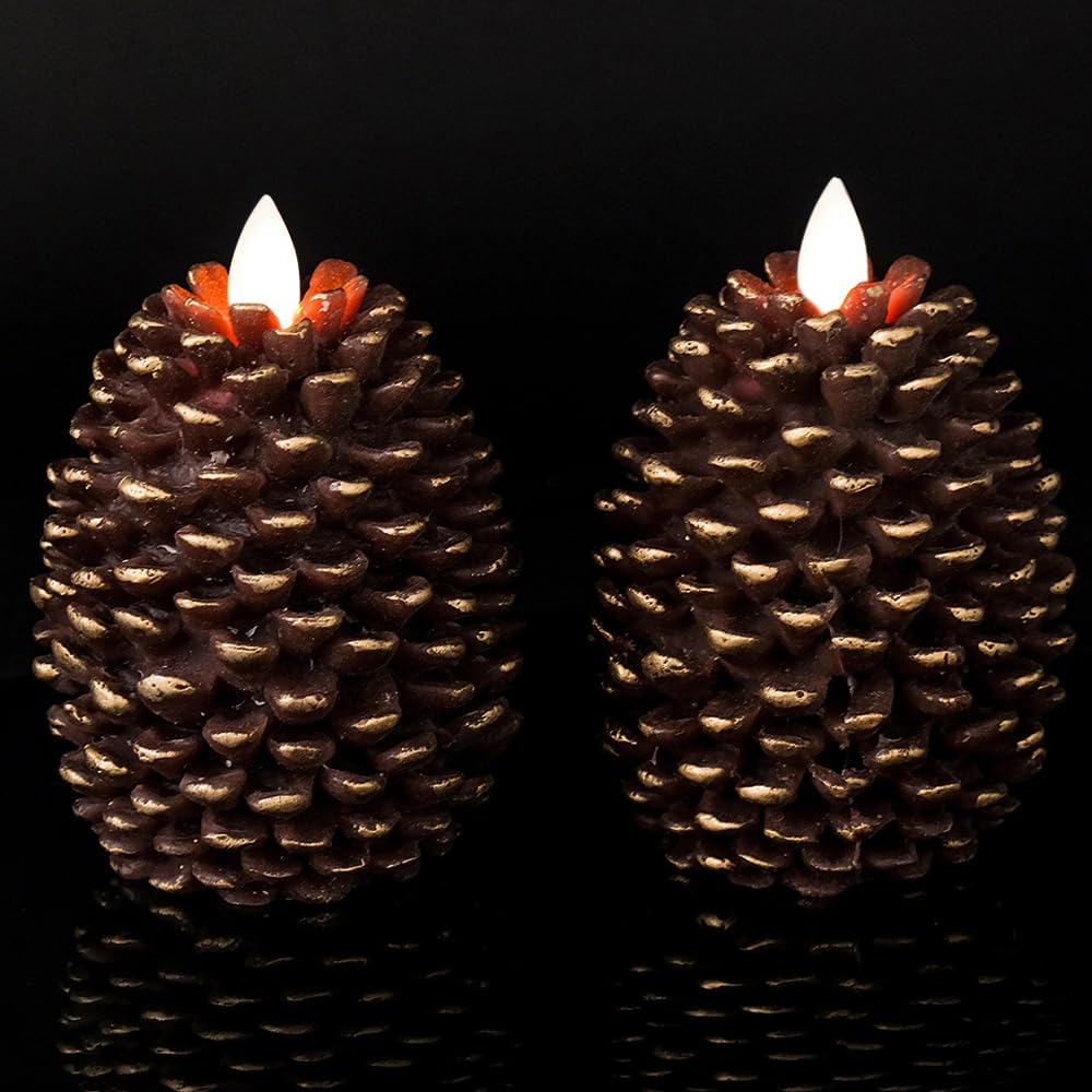 Wondise flameless pine cone candles in brown set of 2 on a table for cozy ambience