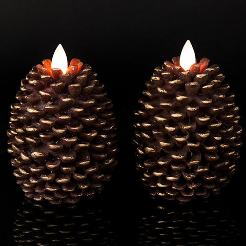 Wondise flameless pine cone candles in brown set of 2 on a table for cozy ambience