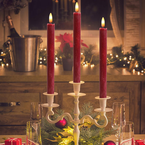 Wondise red taper candle close-up showing realistic 3D wick flicker