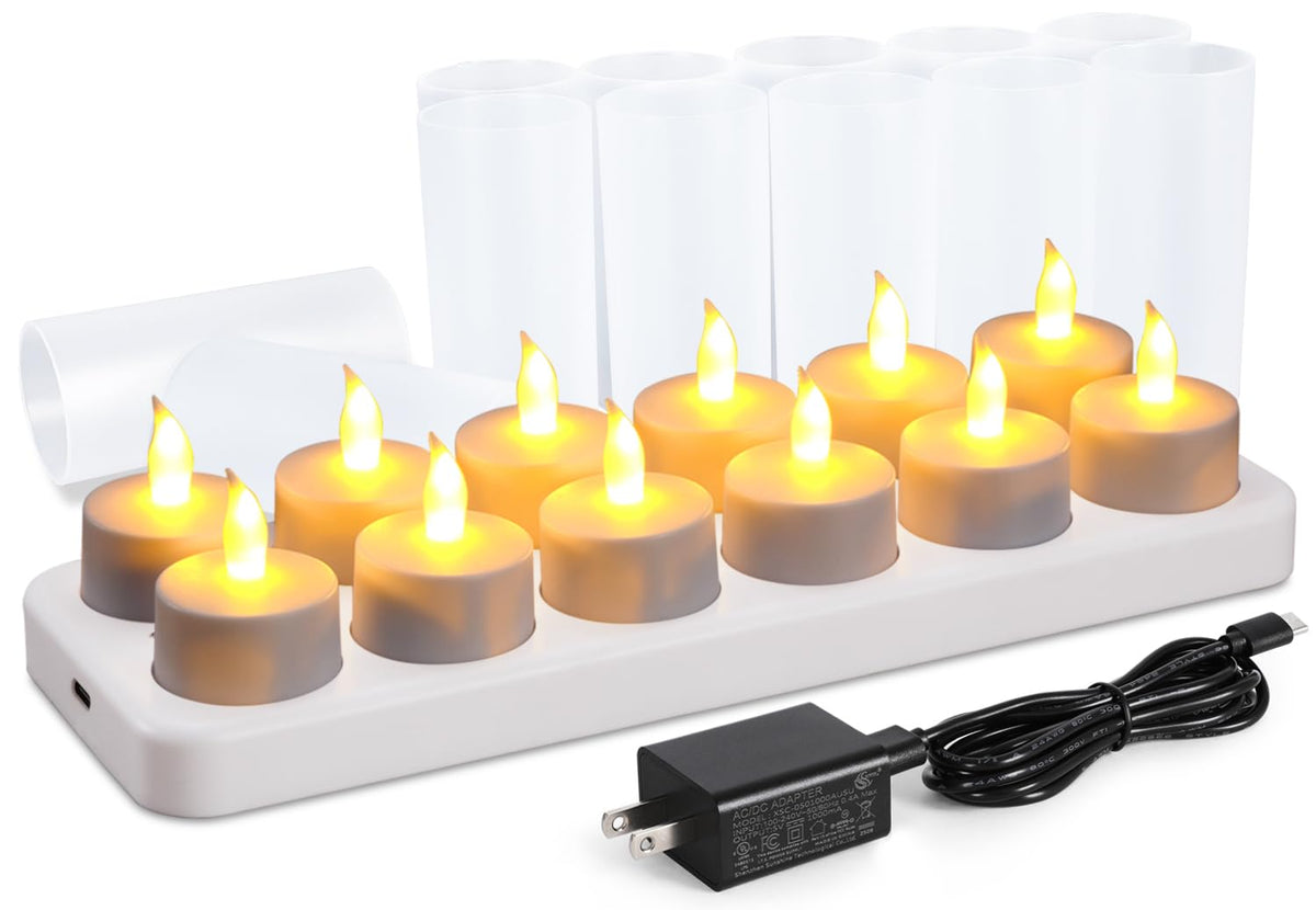 WoneNice rechargeable tea lights with base and frosted cups illuminate safely with a long-lasting glow