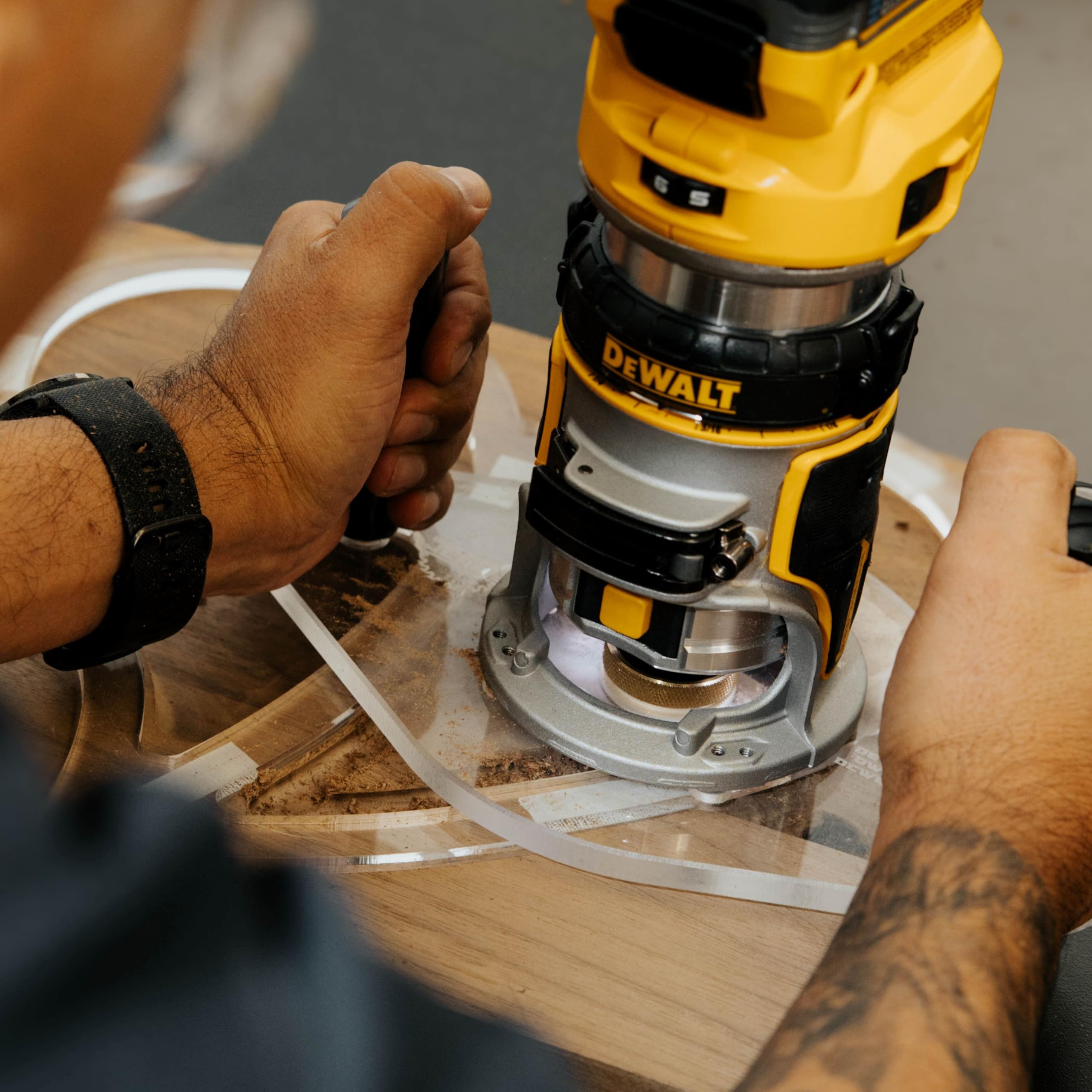 Wood Grain Junkie TrimFit Pro base 6x10 for stable routing on large panels.