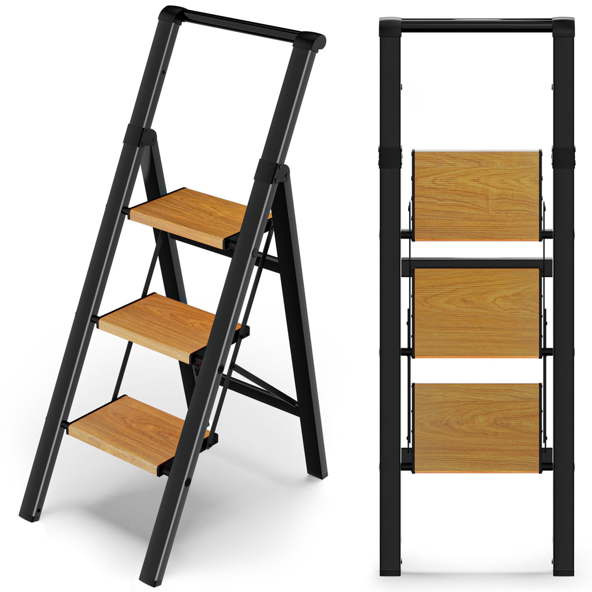 Wood Nymph 3-step ladder with handle design for steady climbs.