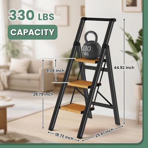 Wood Nymph folding step stool compact for easy storage.