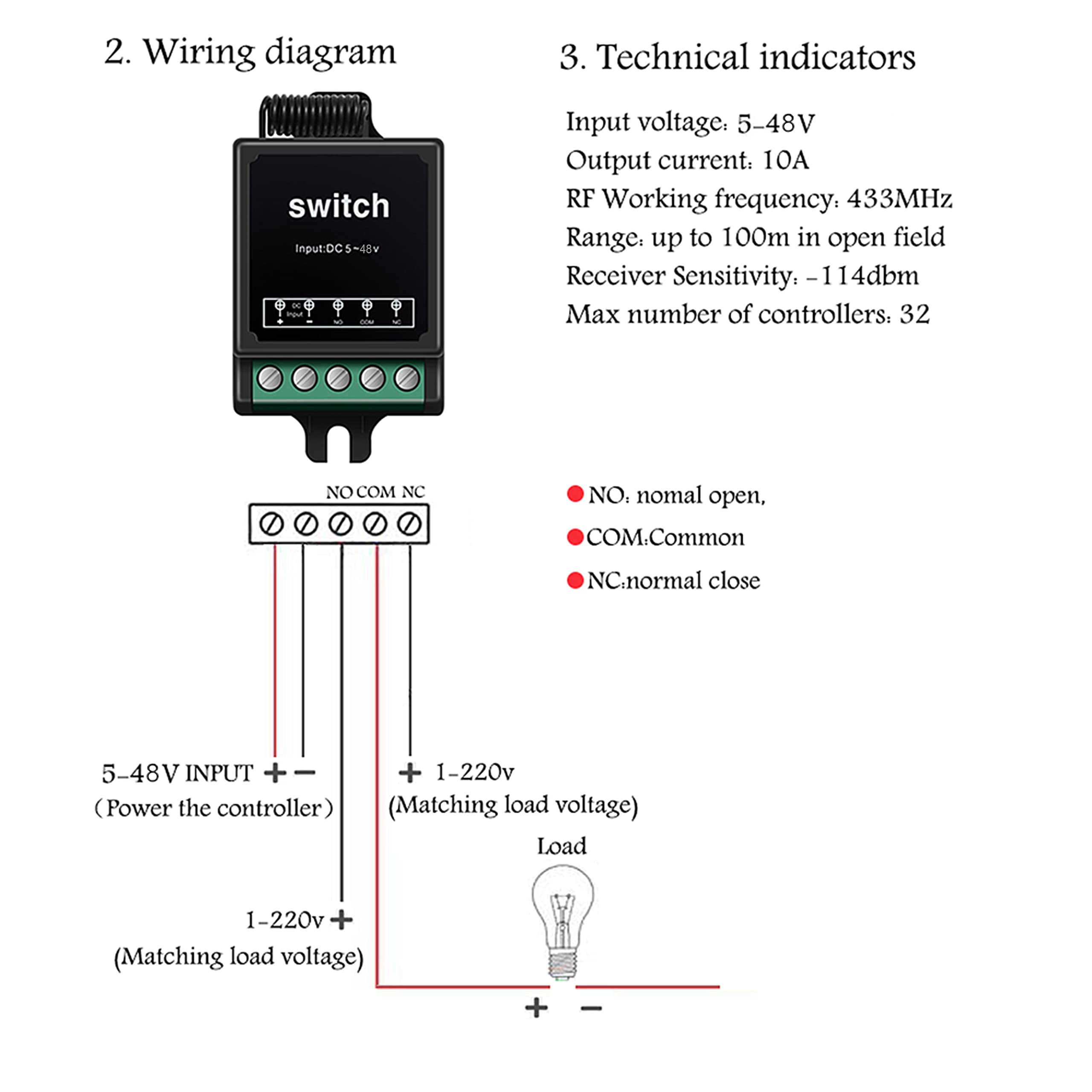WoodGuilin long-range 433MHz remote switch illustration with 100m reach